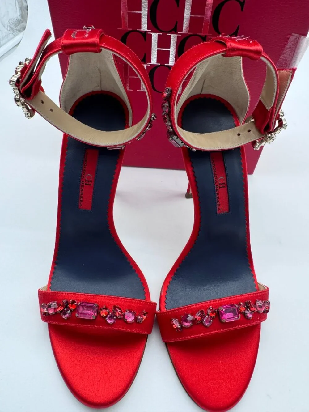 CH Carolina Herrera Red Satin Crystal Embellished Heels Size 36 Box